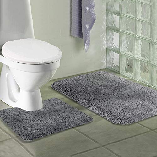 Walensee Shaggy 2 Piece Bath Rug Sets (Grey) 20 x 24 Non Slip, U Shape Contour Rug & 20 x 32, Machine Wash/Dry Plush Absorbent Bath Mats for Bathroom - color: Grey
