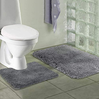 Walensee Shaggy 2 Piece Bath Rug Sets (Grey) 20 x 24 Non Slip, U Shape Contour Rug & 20 x 32, Machine Wash/Dry Plush Absorbent Bath Mats for Bathroom - color: Grey