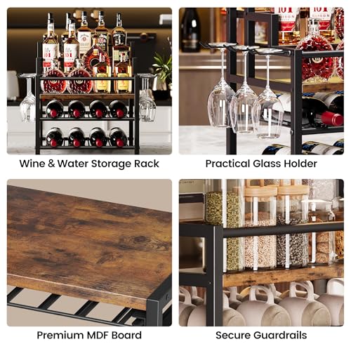 5-Tier Liquor Bottle Display Shelf, Holds up to 20 Bottles, Countertop Wine Racks with 6 Wine Glass Holders, Mini Wine Bar Cabinet for Home, All in One Coffee Syrup Whiskey Organizer