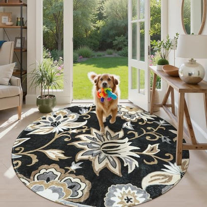 Lahome Floral Black Round Area Rug - 5Ft Washable Ultra-Thin Soft Bedroom Rug, Non-Slip Stain Resistant Circle Carpet for Living Room, Office, Dining Room, Paisley Print Accent Carpet | Ultra-Thin Soft Bedroom Rug, Non-Slip Stain Resistant Circle Carpet f