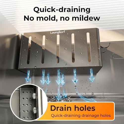 Kitchen Sink Sponge Holder, Gray (1 Pack) | Rustproof carbon steel with fast drainage holes. 2 hooks & 4 adhesive pads. No-drill square caddy for flat wall or ledge - size: Square Kitchen Sink Sponge Holder