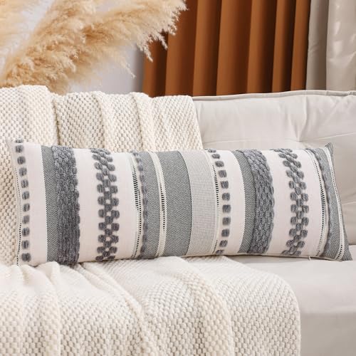 14x36 Gray Throw Pillow Cover Boho Lumbar Pillow Cover | 1 Piece,Durable Fabric,Stripe Pillow Cover,Farmhouse Cushion Case,Chenille Pillow Case,Neutral Pillowcase for Sofa Couch Bed - color: Gray Stripe, size: 36" x 14" (Pack of 1)