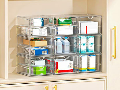 4-Pack Acrylic 6-Drawer Office & Makeup Storage Organizer,Desk | Smooth-glide drawers, clear body, dustproof, wipe clean, for stationery, lipsticks, blush palettes, hair clips, sticky notes - size: 6 Drawers
