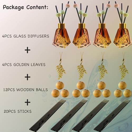 Meinvcisi 4 Empty Fragrance Glass Diffuser Bottles, Refillable Diffuser Bottles with 20pcs Reeds Sticks &12 Wood Balls&4 Metal Leaves, Reed Diffuser Set, Diamond Style,60ML, Gradient Brown.