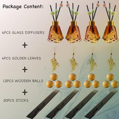 Meinvcisi 4 Empty Fragrance Glass Diffuser Bottles, Refillable Diffuser Bottles with 20pcs Reeds Sticks &12 Wood Balls&4 Metal Leaves, Reed Diffuser Set, Diamond Style,60ML, Gradient Brown.