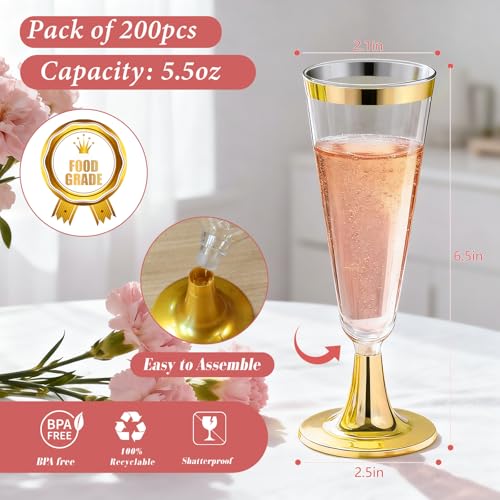 GuanQiao 200 Pack Plastic Champagne Flutes with Gold Rim Gold Bottom, 5.5 Oz Clear Disposable Plastic Champagne Glasses, Wine Glasses Cups for Wedding Celebration New Years Eve Party Supplies - color: Gold Bottom Gold Rim, size: 200-Pack