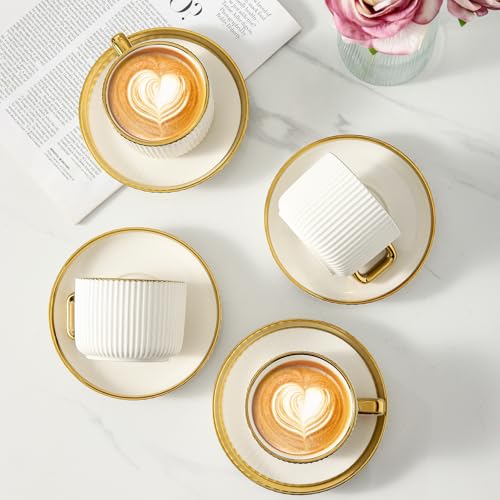 LETAOTAO Cappuccino Cups with Saucers, 8oz Ceramic Coffee Cups with Saucers Set, Latte Art Coffee Mugs with Gold Trim, Tea Cups Set of 4, British/Italian Coffee cups for Cafe Mocha, Double Espresso - size: 8 Ounces
