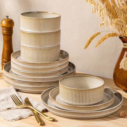 GBHOME Stoneware Dinnerware Sets for 4, 12 Pieces Plates and Bowls Set | Lightweight Ceramic Ribbed Dishes,Reactive Glaze Stackable Plate Set,Scratch Resistant,Microwave & Dishwasher Safe,Cappuccino - color: Cappuccino