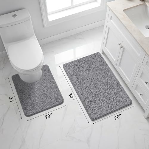 Bcoimo U Shaped Bath Rug Mat Set,2 Piece Chenille Gray Toilet Bathroom Rugs | Extra Soft Bathroom mat set;Non Slip with Rubber Back Bath Mats;High Absorbent And Quick Dry Microfiber mat; Machine Washable - color: Grey, size: U24×20 Plus 30×20