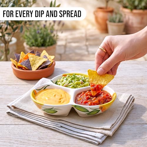 3-Compartment Ceramic Serving Dish, Handmade in Spain | 7.5” divided chip and dip bowl with lead-free glaze, microwave, oven and dishwasher safe, ideal for tapas, snacks and sauces - color: Sunny Lemon