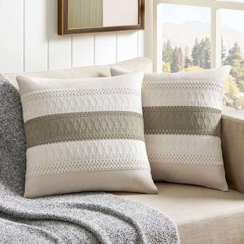 2 Pack Boho Throw Pillow Covers, Contrast Dark Sage 18x18in | Soft Breathable Cotton, Farmhouse Decorative Couch Pillow Cases, Cushion Covers for Sofa Bed Living Room Home Decor - color: Contrast/Dark Sage, size: 18" x 18" (Pack of 2)