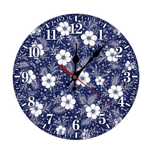 Floral Pattern on Blue Background with White Flowers and Leaves Round Wooden Wall Clock, Silent Non-Ticking Battery Operated Decorative Wall Clock for Living Room, Bedroom, Kitchen, Office, Farmhouse - color: Color544, size: 9.8x9.8in
