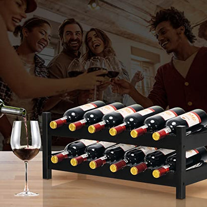 HAPPYGRILL Wine Rack, Free Standing 12 Bottles 2-Tier Wine Display Rack, Bamboo Wine Storage Rack Tabletop Wine Rack, Brown - color: Brown