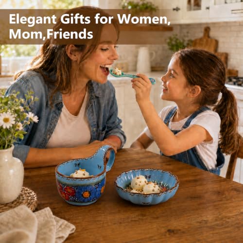 3 Piece Hand Painted Loop Handle Soup Bowl, Plate and Spoon Set,13.37oz Ceramic Cereal Cup for Coffee,Floral Bowl Set for Soup Snack Ice Cream Stew Microwave Dishwasher Safe (Blue) - color: Ocean Blue