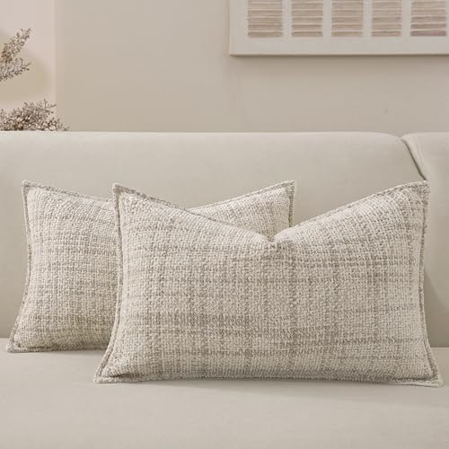 Chenille Lumbar Throw Pillow Covers 20x20 Set of 2, Thick Soft Textured Decorative Boho Pillow Covers with Elegant Design for Bed Couch Sofa Living Room, Cream - color: Cream, size: 20" x 12" (Pack of 2)