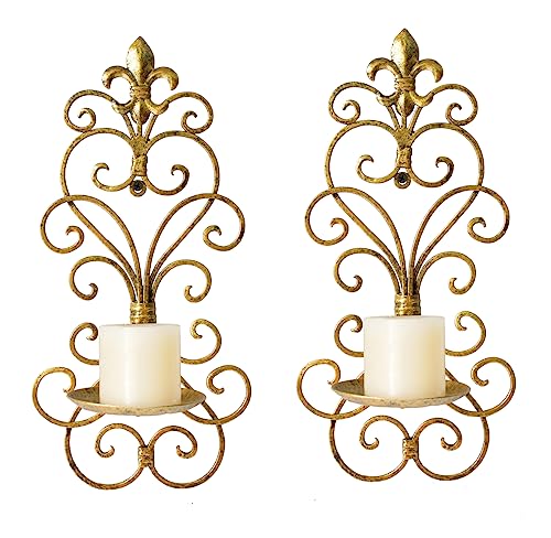 Wall Sconces Candle Holder Set of 2, Metal Wall Decorations Hanging Wall Mounted Candle Sconces for Living Room Dining Room (Gold) - color: Antique Gold-1