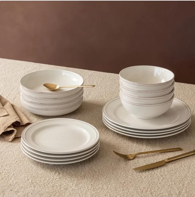 Over&back Lake Como 16 Piece Dinnerware Set Ivory – Premium Stoneware Dishes – Service for 4 – Includes Dinner Plates, Salad Plates, Bowls – Reactive Glaze Finish – Microwave & Dishwasher Safe