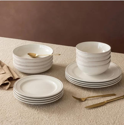 Over&back Lake Como 16 Piece Dinnerware Set Ivory – Premium Stoneware Dishes – Service for 4 – Includes Dinner Plates, Salad Plates, Bowls – Reactive Glaze Finish – Microwave & Dishwasher Safe