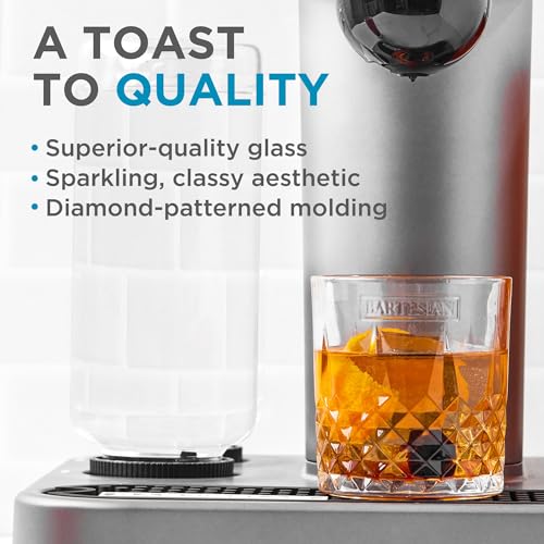 Bartesian Diamond Etched Lowball Glasses - 10.5 Oz Short Low Ball Glass Set for Cocktails & Mocktails - Classy Home Bar Glassware for Bourbon, Whiskey Sour, Old Fashioned, Mint Julep - Set of 2 - style: Etched – Lowball