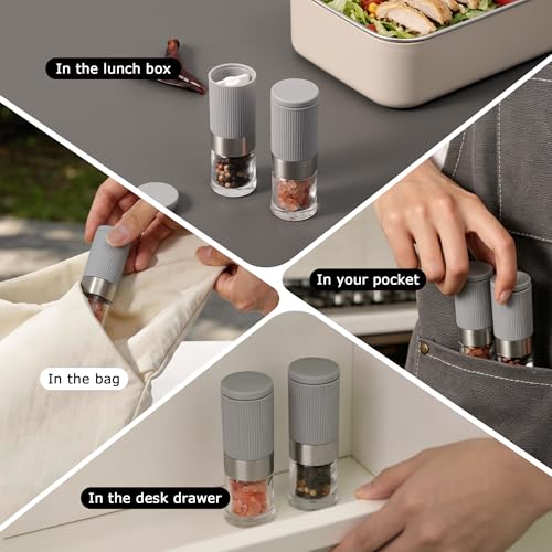Mini Salt and Pepper Grinder Set, Small Tiny Adjustable Coarseness Ceramic Salt Grinder with Funnel and Bag Portable Handy Spice Pepper Mill Shaker For Outdoor Party Lunch Bag Kitchen Grey - color: Grey 2-Pack