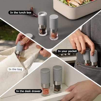 Mini Salt and Pepper Grinder Set, Small Tiny Adjustable Coarseness Ceramic Salt Grinder with Funnel and Bag Portable Handy Spice Pepper Mill Shaker For Outdoor Party Lunch Bag Kitchen Grey - color: Grey 2-Pack