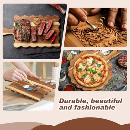 Novabright 3 Pcs Acacia Wood Scalloped Cutting and Chopping Board Decorative Cutting Boards for Kitchen Wooden Charcuterie Serving Tray for Cheese Meat Fruit Bread Baking(Handle Wavy) - style: Handle Wavy