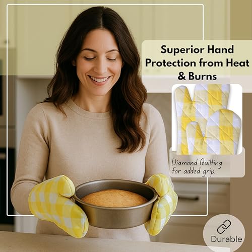 Native Fab Buffalo Plaid Check Oven Mitts and Pot Holders Set of 4, 100% Cotton Heat Resistant Kitchen Gloves, 2 Oven Mitts (7x13), 2 Pot Holders (8x8) for Cooking & Baking, Lemon Yellow White - color: Buffalo, Lemon Yellow