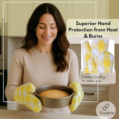 Native Fab Buffalo Plaid Check Oven Mitts and Pot Holders Set of 4, 100% Cotton Heat Resistant Kitchen Gloves, 2 Oven Mitts (7x13), 2 Pot Holders (8x8) for Cooking & Baking, Lemon Yellow White - color: Buffalo, Lemon Yellow