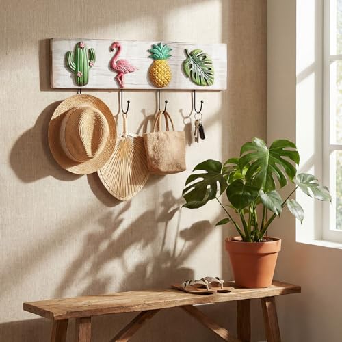Tropical Coat Rack with 4 Hooks Pineapple Flamingo Cactus Monstera Leaf Wall Mounted Hooks Decor Tropical Theme for Home Entryway Bathroom Hats Keys Towels - style: Flamingos