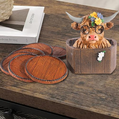 Highland Cattle Coasters - 6 Full-Size Rustic Wooden Coasters | Non-Slip for Log Cabin, Hunting, Man Cave, Bar & Farmhouse Decor | Protect Furniture - style: Highland Cattle-02