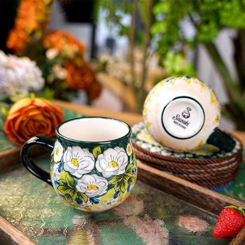 13oz Ceramic Coffee Mug, Hand-Painted Floral Polish Pottery Style Cup, Large Stoneware Tea Mug with Handle, Microwave & Dishwasher Safe (Green) - color: Green
