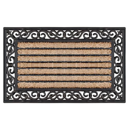 A1HC Natural Coir and Rubber Large Door Mat, 18" x 30", Thick Durable Doormats for Door Entrance, Heavy Duty, Thin Profile Door Mat, Easy to Clean,Long Lasting Front Door Entry Doormat - color: Striped Coir Black