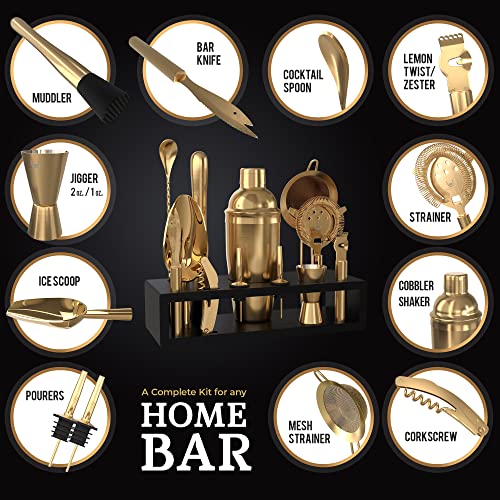 Highball & Chaser Bartender Kit with Espresso Bamboo Stand. Beautiful Cobbler Cocktail Shaker Set with Bar Tools Rustproof Stainless Steel Bar Set (Matte Gold) - color: Matte Gold