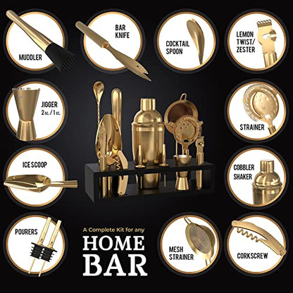 Highball & Chaser Bartender Kit with Espresso Bamboo Stand. Beautiful Cobbler Cocktail Shaker Set with Bar Tools Rustproof Stainless Steel Bar Set (Matte Gold) - color: Matte Gold
