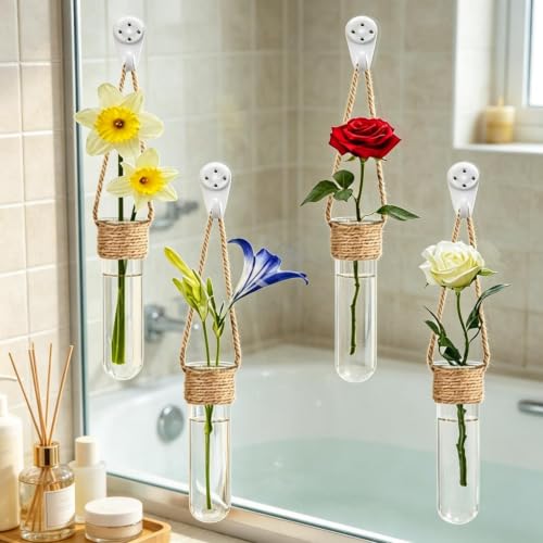 Propagation Tube, with Wall Mounted Design, 4 Piece Glass Plant Tubes | Clear Wall Terrarium, Hydroponic Plant Holder, for Home Décor
