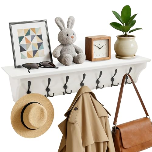 33" Coat Rack with Shelf Wall Mount, Pre-Assembled Solid Wood Coat Hooks with Shelf, Wall Coat Hanger with 7 Metal Triple-Hooks for Hanging Hat, Key,Clothes,Towel, for Entryway,Bedroom,Bathroom, White - color: White