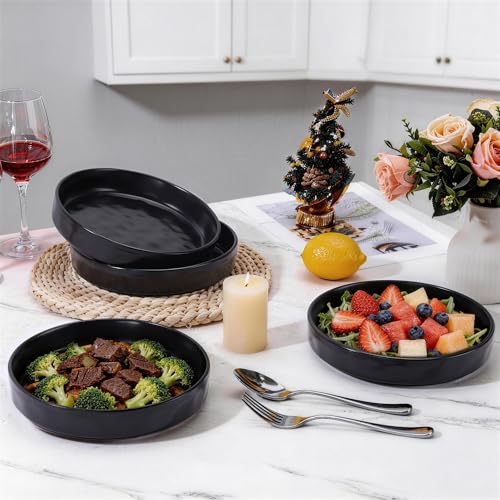 LIANYU 8.25’’ Pasta Bowls Set of 4, 33oz Large Wide Shallow Dinner Plates | Stoneware Salad Plate, Ceramic Serving Bowl Sets for Soup, Cereal, Fruit, Microwave & Dishwasher Safe, Obsidian Matte Black - color: Matte Black