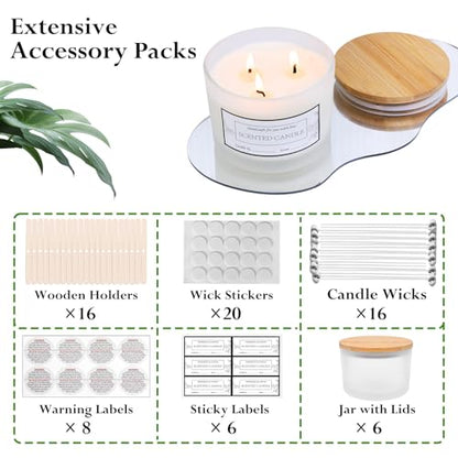 CONNOO 6 Pack 16oz Frosted Wide Mouth Glass Candle Jars | Come with Bamboo Lids, Sticky Warning Labels, Candle Wick Kit for Candle Making - color: 6 Pack-Matte Frosted