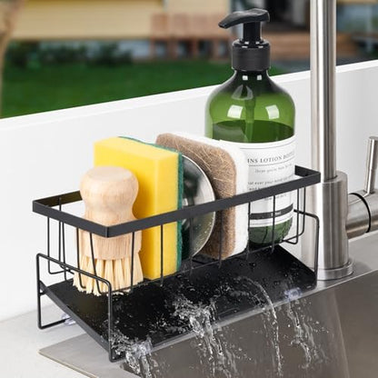 Kitchen Sink Caddy Countertop, 9.06" Rust-Proof Metal Sponge Holder for Kitchen Sink Counter,Drainage Caddy for Countertop with Angled Tray (Black)
