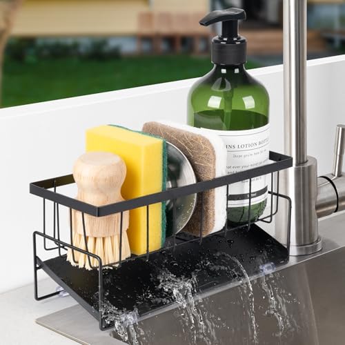 Kitchen Sink Caddy Countertop, 9.06" Rust-Proof Metal Sponge Holder for Kitchen Sink Counter,Drainage Caddy for Countertop with Angled Tray (Black)