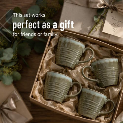 Ava Nord Reactive Glaze Stoneware Ceramic Coffee Mugs 4 Pack - 14oz - Green | Lead-Free, Non-Toxic, Handcrafted, Coffee Mug Set for Tea Latte Cappuccino Cocoa Hot Chocolate, Microwave & Dishwasher Safe - color: Reactive Glaze - Green