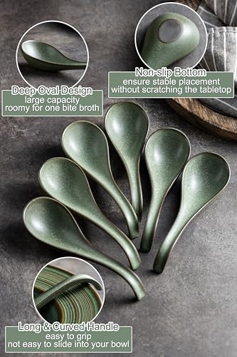 Asian Soup Spoon, Chinese Soup Spoons, Ramen Spoons, Japanese Ceramic Soup Spoon Set of 6,Thanksgiving Christmas Kitchen With Long Handle for Serving, Ramen, Pho, Noodles, Green - color: Green