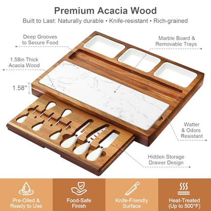 Charcuterie Board Set Premium Large Acacia Wood Cheese Platter with Reusable Bowls, Cheese Knives and Forks - Housewarming, Wedding, Bridal Shower, Birthday Gifts - size: Large 16" Cheese Board