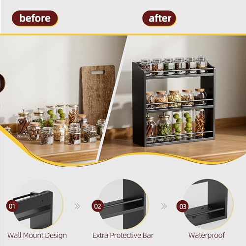 STELLSTAR Bamboo Spice Rack Wall Mount or Tabletop Holder, 3-Tier Shelf for Seasoning Bottles Organizer, Medicine Holder (Black) - color: Black
