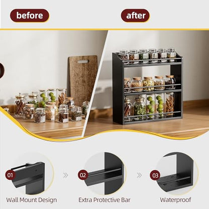 STELLSTAR Bamboo Spice Rack Wall Mount or Tabletop Holder, 3-Tier Shelf for Seasoning Bottles Organizer, Medicine Holder (Black) - color: Black