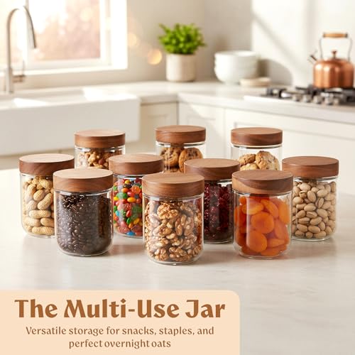 Overnight Oats Containers with Lids - Glass Mason Jars, Meal Prep | Acacia Wood, Airtight Silicone Seal Set of 4 - Stackable for Chia Pudding, Yogurt, Cereal, Oatmeal, Salad, Pantry Storage - color: 4 pack - Acacia no Spoon