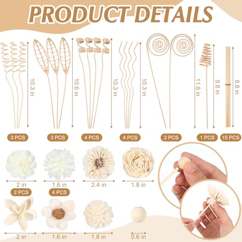 Queekay 32 Pcs Reed Diffuser Sticks Set Include 21pcs Natural Rattan Wood Beads, 11 Style Fragrance Diffuser, Rattan Reed Fragrance Replacement for Home(Wooden Color) - color: Wooden Color