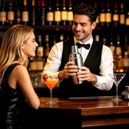 25oz Cocktail Shaker with Jigger Lid & Silicone Seal | Lid with 1.5oz Measured Marks for Precise Pouring, Food-Grade Silicone Gasket, Stainless Steel, Ideal Home Bar Gift Set - color: Bright Silver
