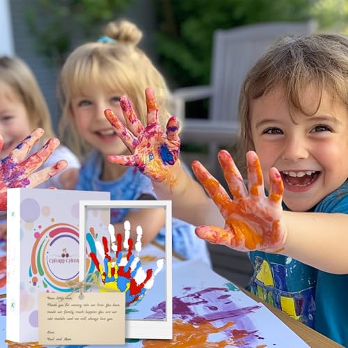 CHERRY CHEERS Family Handprint Kit with Light, Handprint Keepsake Frame, Wooden Led Light, Easy Install, No Need Screw etc, Non-Toxic Paints (White) - color: White