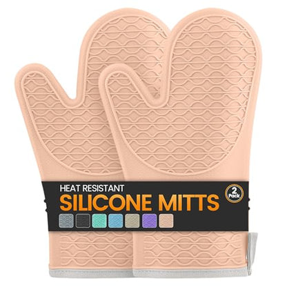Silicone Oven Mitts, Heat Resistant 2PCS Oven Mitts with Soft Cotton Lining, Waterproof Non-Slip Grip Oven Glove, Kitchen Potholder Mits for BBQ, Baking, Cooking, 12.5 Inch - Pink - color: Pink